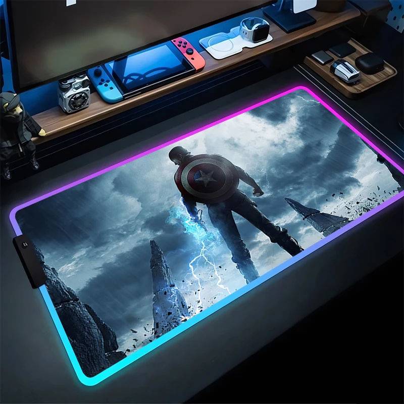 RGB Gaming Mouse Pad C-Captain A-America Desk Mat HD Gamer Accessories Large LED Light MousePads PC Computer Carpet With Backlit