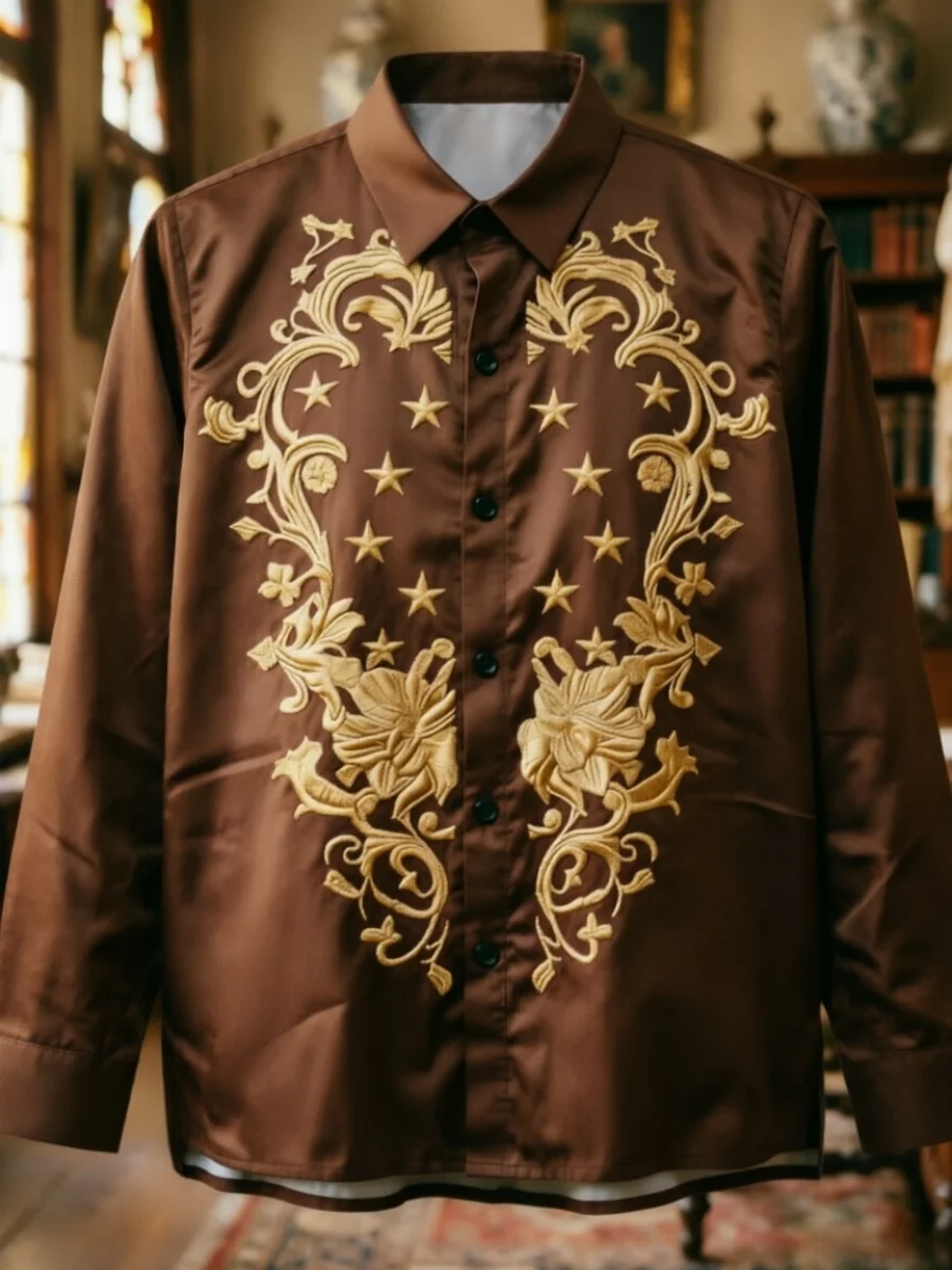 

Retro court style men's long sleeved lapel button up shirt with digital printing, casual and comfortable, fashionable to wear