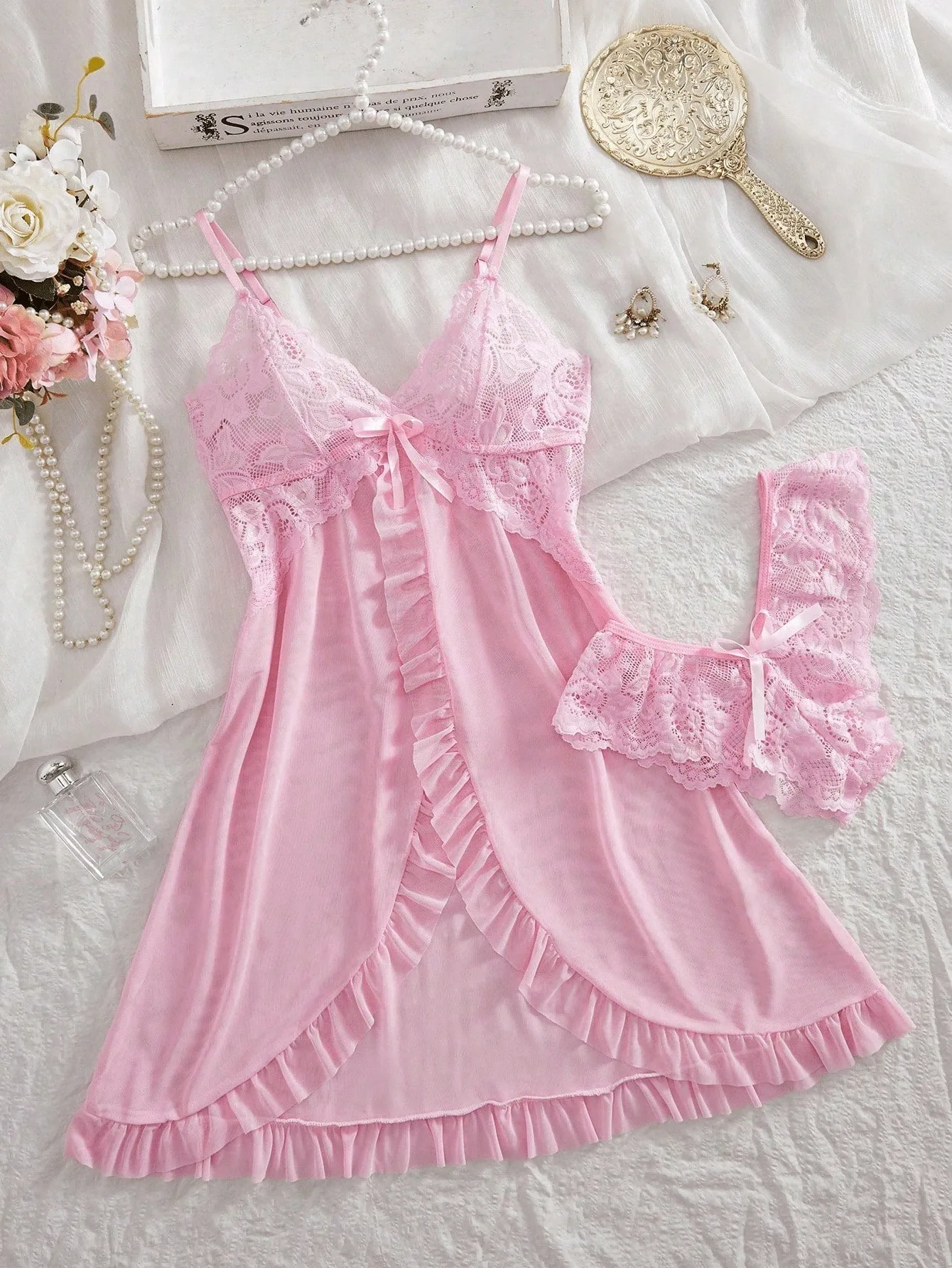 Conjunto de camisón de una pieza con encaje rosa, lencero de malla de color liso, pijama romántico y lencería para mujer, ideal para Año Nuevo y San Valentín.