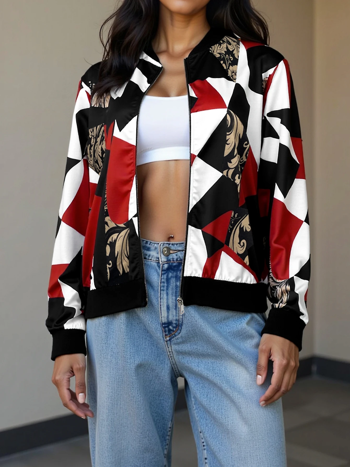 

Women's Zip - Up Bomber Jacket, Zebra Print Design, Long - Sleeve, Ideal for Casual & Streetwear, Must - Have Fall Outerwear
