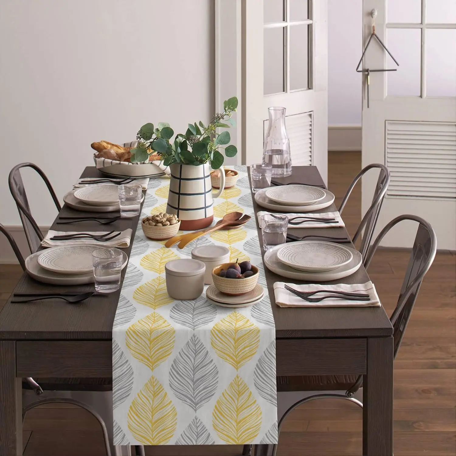 Yellow Grey Abstract Modern Leaves Linen Table Runner Dresser Scarf Decor Washable Kitchen Dining Table Runners Home Party Decor