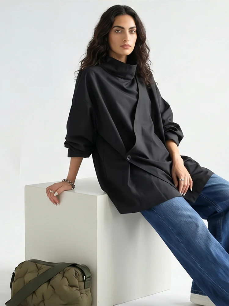 

Fashion High Collar Long Sleeves Women Coat Solid Color Irregular Loose Button Simple Jacket 2026 Lady Commute Casual Streetwear