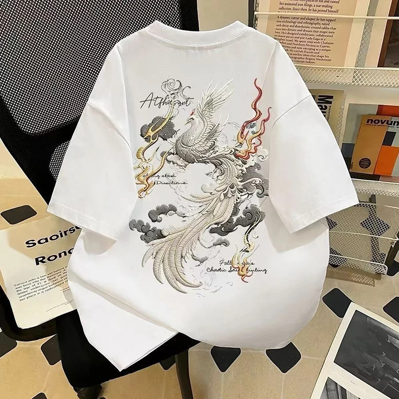 Men Women O‑Neck Short Sleeve T‑Shirt High‑End Commuter Outerwear Phoenix Cloud Faux Embroidery Print Premium Ins Casual Tops