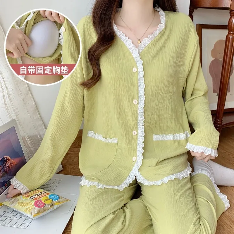 Frühling Herbst Mädchen Spitzen-Cardigan Pyjama-Hose Damen Studentin Langarm-Loungewear mit Brustpolstern Lockerer Damen-Pyjama für draußen