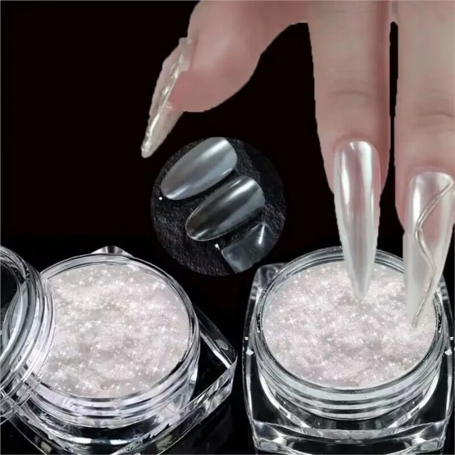 Pó cromado branco com efeito espelho, Pearl Shimmer, esmalte Donut Nail, 2pcs