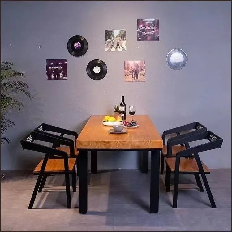 HYS solid wood catering hot pot restaurant barbecue wrought iron industrial theme bar table and chair log hotel dining table