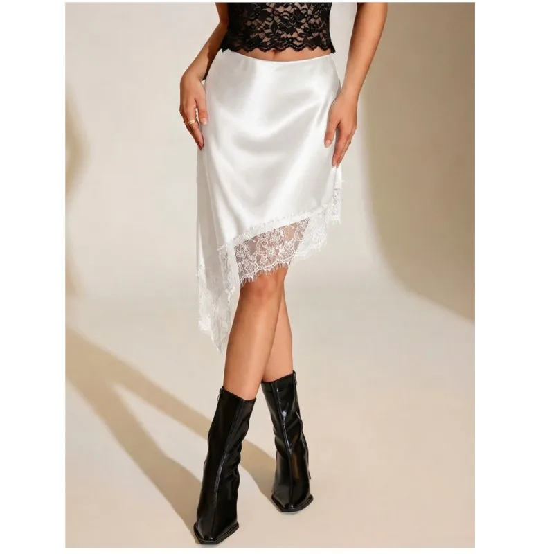 New Lace Satin Skirt High-waisted Elastic Slanted Irregular Short Skirt For Women