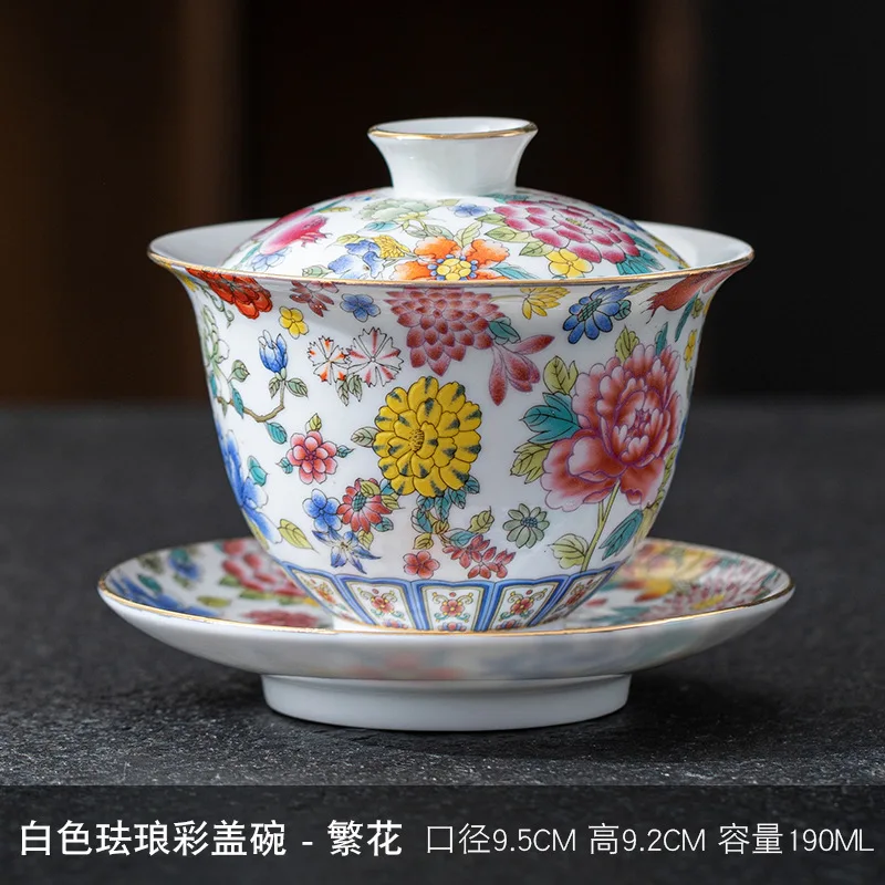 Palace Style Enamel Filigree Covered Ceramic Kung Fu Set Retro Three Talents Offering Handmade Carved Tea Bowl