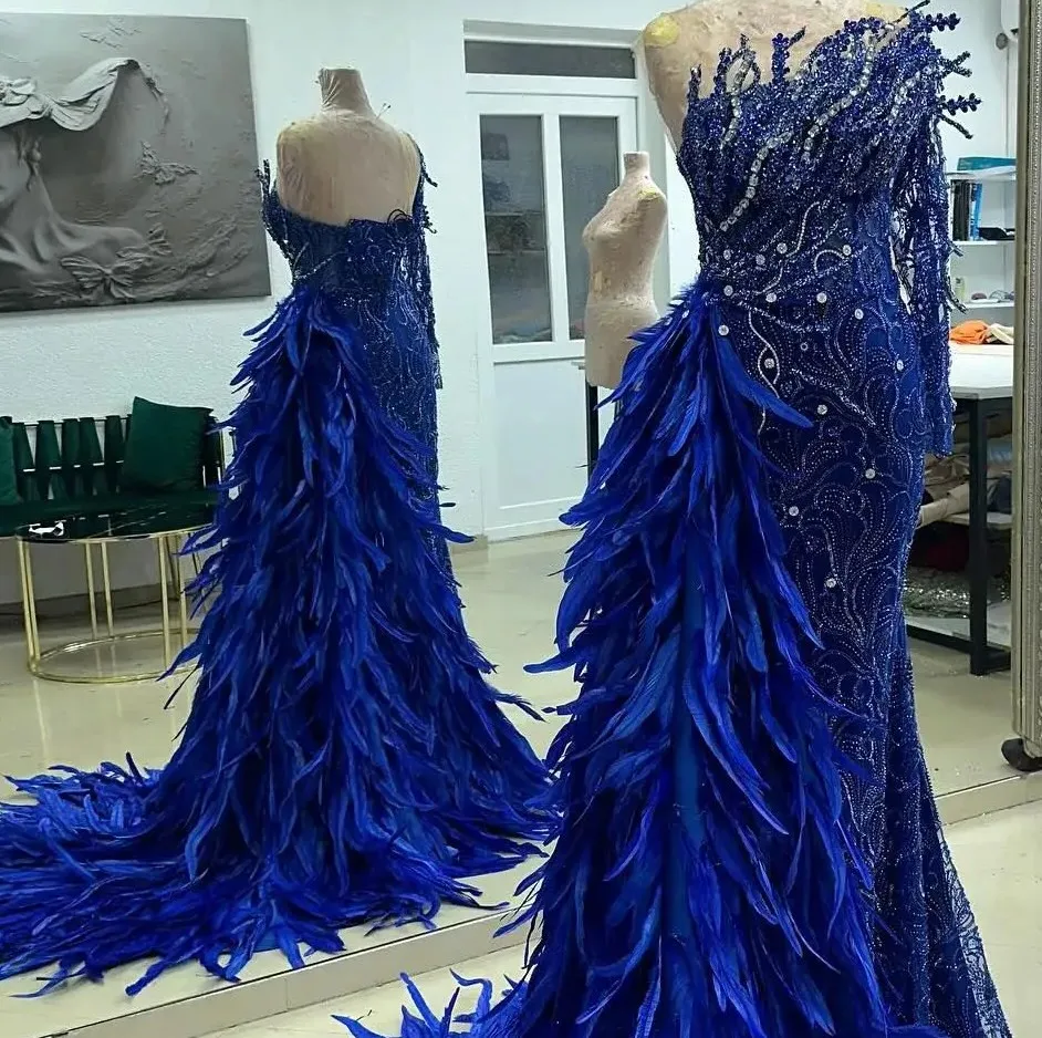 

Luxury 3d Decal Crystal Mermaid Custom Party Dress Long Sleeved Blue Feather Decoration Lace Formal Party Customized Dresses