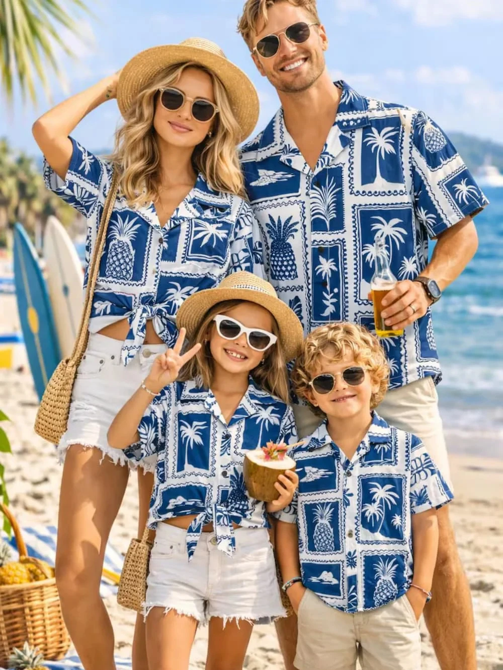 Summer Men's Family Wear Beach Hawaiian Shirt Tropical Sandcastle Palm Tree Print Quick-Dry Vacation Style Parent Child T-Shirt