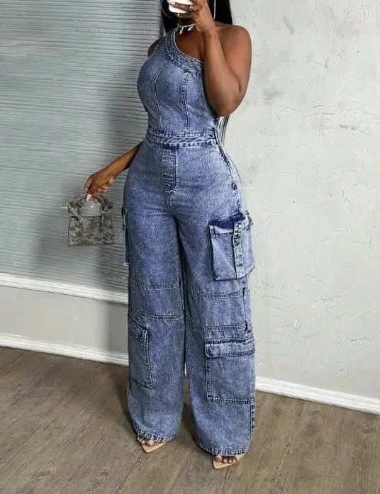 بدلة قفز ذات ياقة مائلة وكتف واحد بتصميم عالي الخصر وسحاب جانبي مستقيم الساق للنساء بذلة عالية الشارع العصرية #4