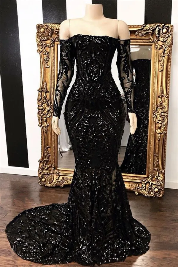 Lovertjes Bling Avondjurken 2023 Black Mermaid Sexy Off Shoulder Lange Mouwen Hof Trein Formele Party Prom Jassen Custom Made