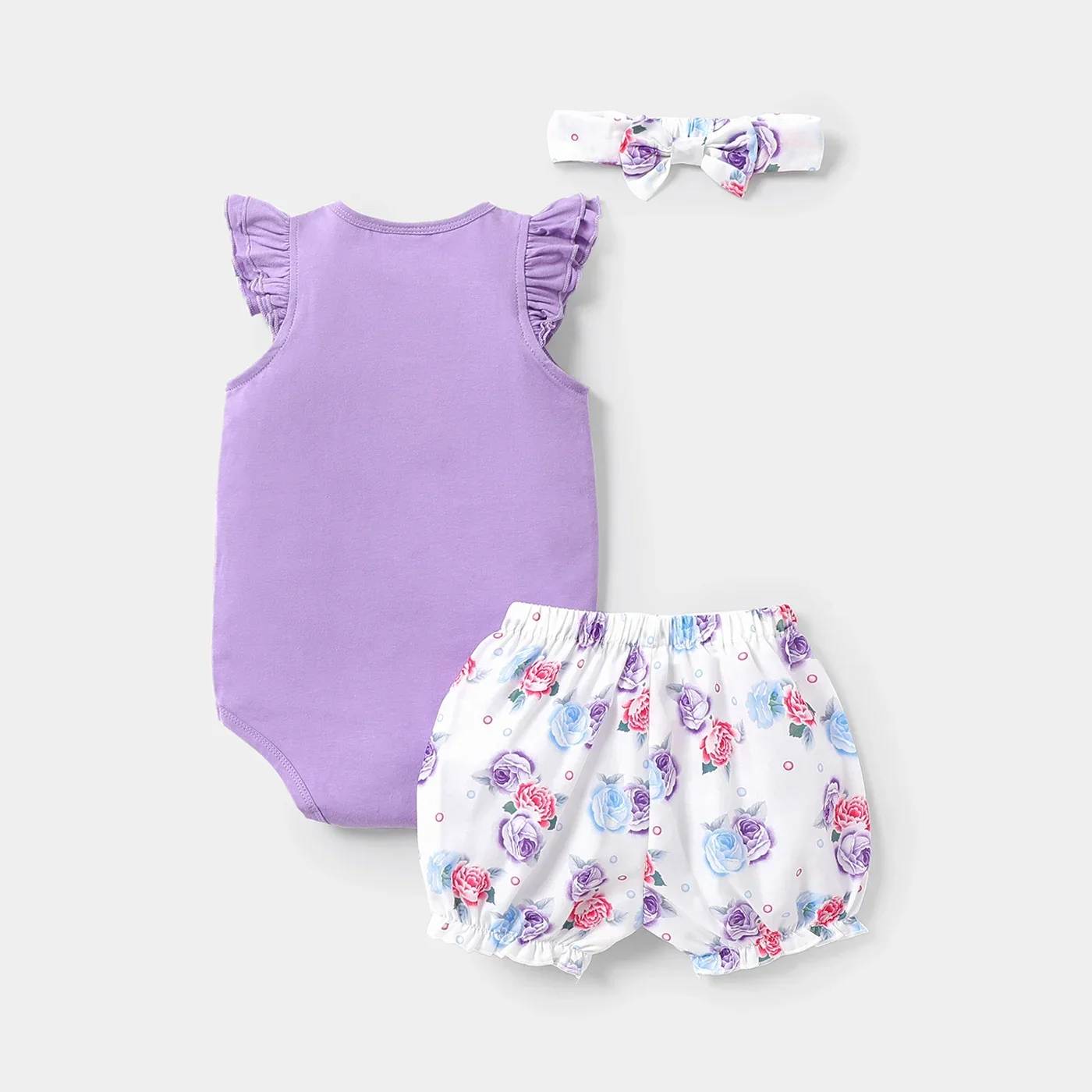 PatPat 3pcs Baby Girl 100% Cotton Ruffle-sleeve Romper and Floral Print Shorts & Headband Set Soft and Comfortable