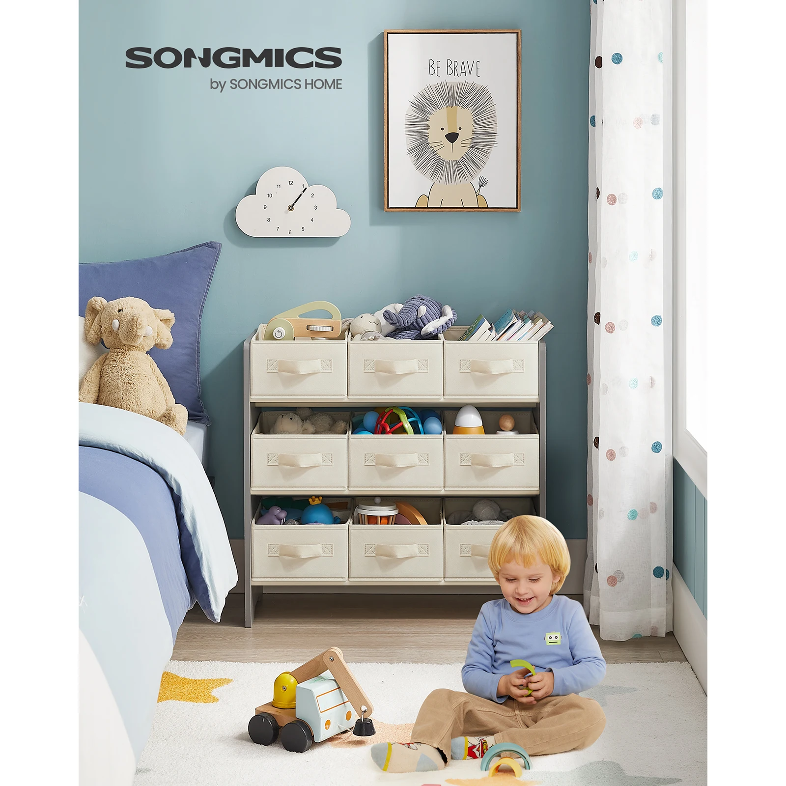SONGMICS-organizador de juguetes para niños, estantería con 9 cajas de tela, espaciosa, 29,5x62,5x60cm, color gris Paloma