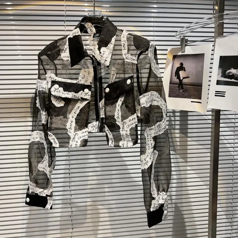 2025 Summer New English Letter Printing Transparent Mesh Sunscreen Shirt Trendy Leisure Unique Design Short Coat Top - view 3