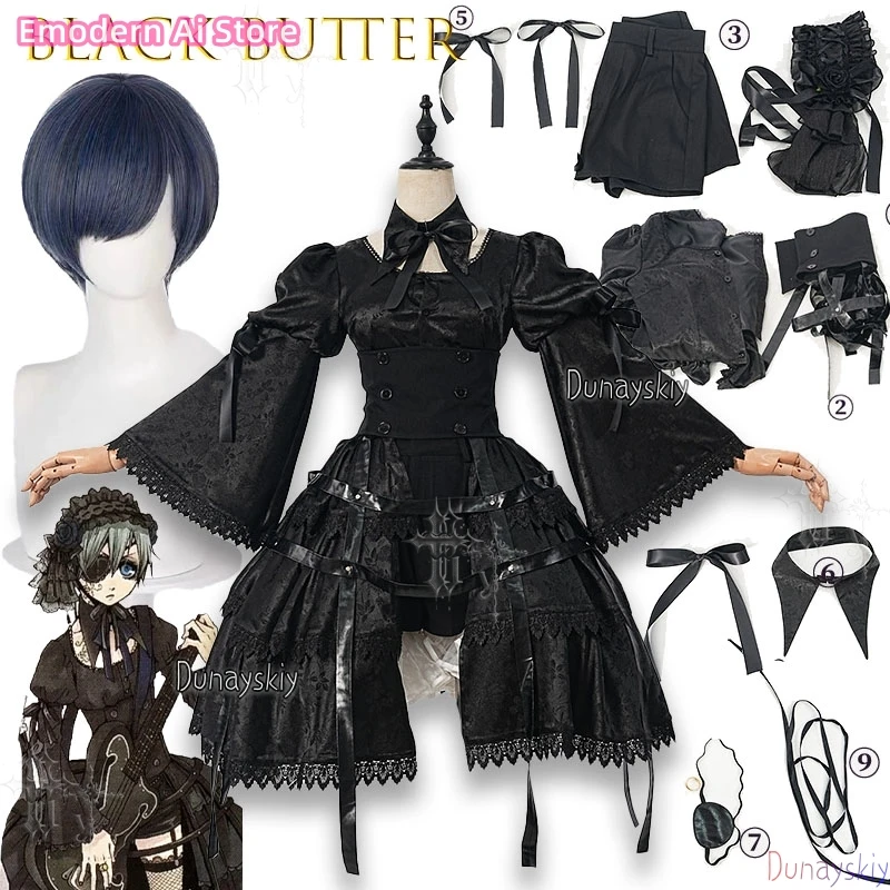 Ciel Phantomhive Rockband Black Cos Butler Cosplay Kostüm Mädchen Gothic Kleid Halloween Karneval Neue schwarze Lolita Uniform Party