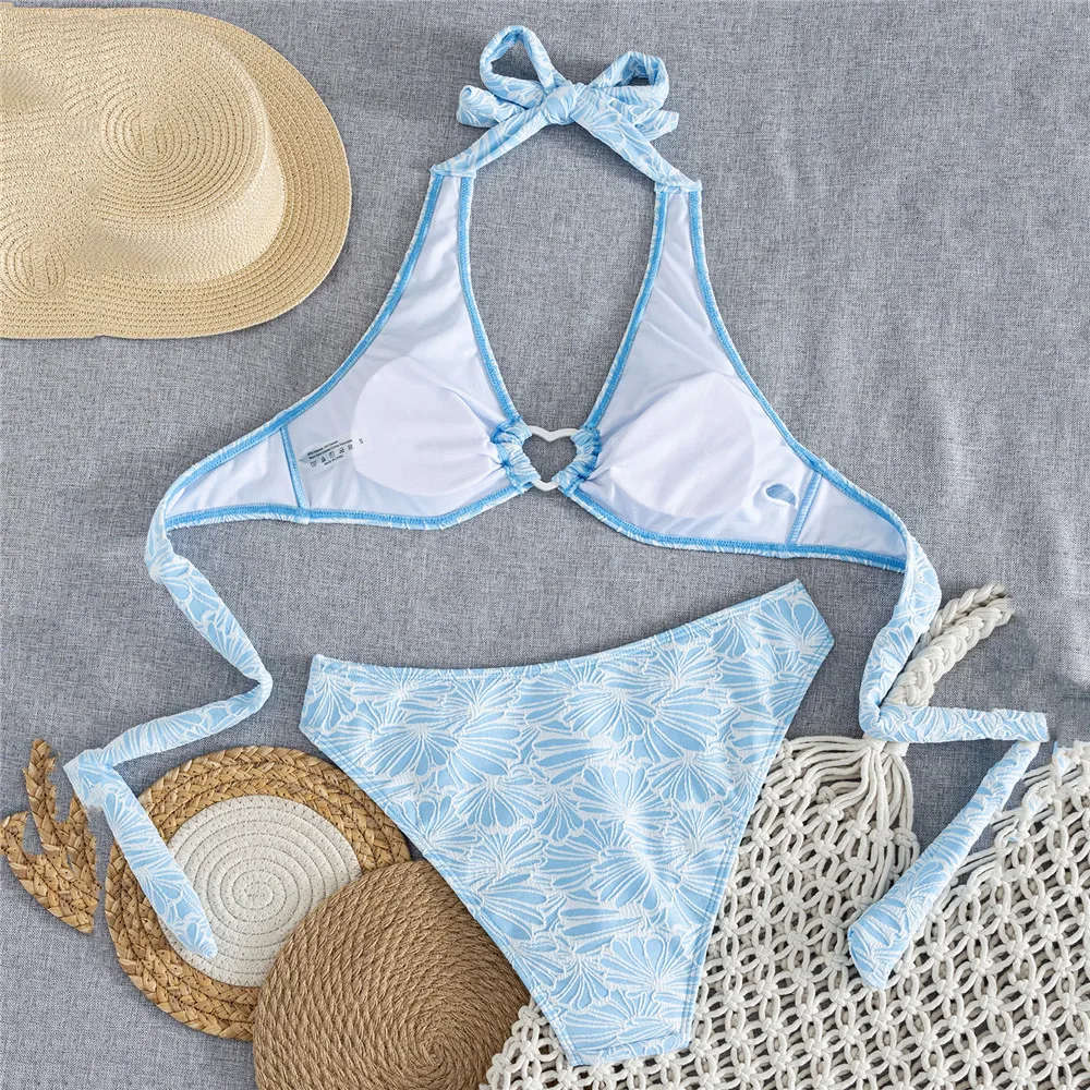 Light Blue Emboss Swimwear Sexy Halter Bikini Hollow Out Swimsuit Women 2026 Heart Ring Bathing Suit Brazilian Bikinis De Mujer