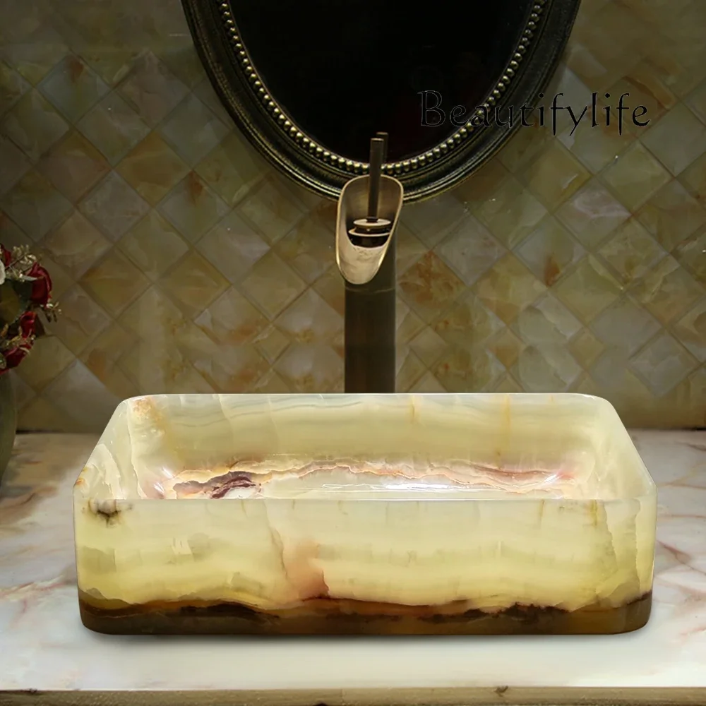

BJ Bathroom Square Stone Countertop Basin Natural Jade Washbasin Simple European Art Small Apartment