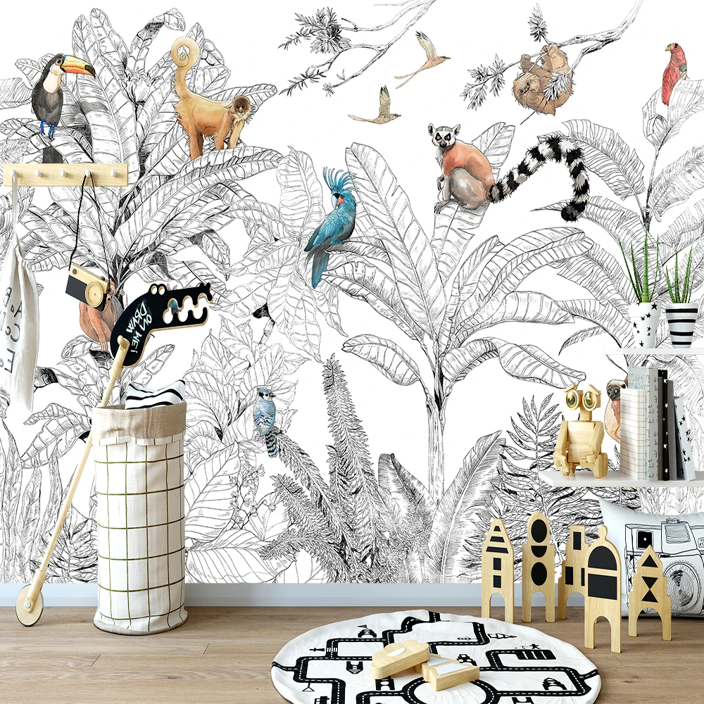 Custom 3D Wallpaper Mural Black And White Tropical Rainforest Animals And Plants  Living Room Background Wall Decoration