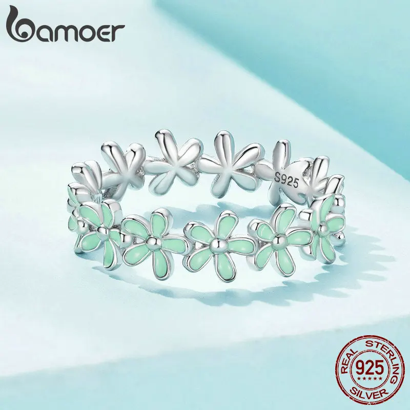 Bamoer 925 Sterling Silver Green Wreath Finger Ring Enamel Flower Ring for Women Valentine's Day Gift Romantic Fine Jewelry