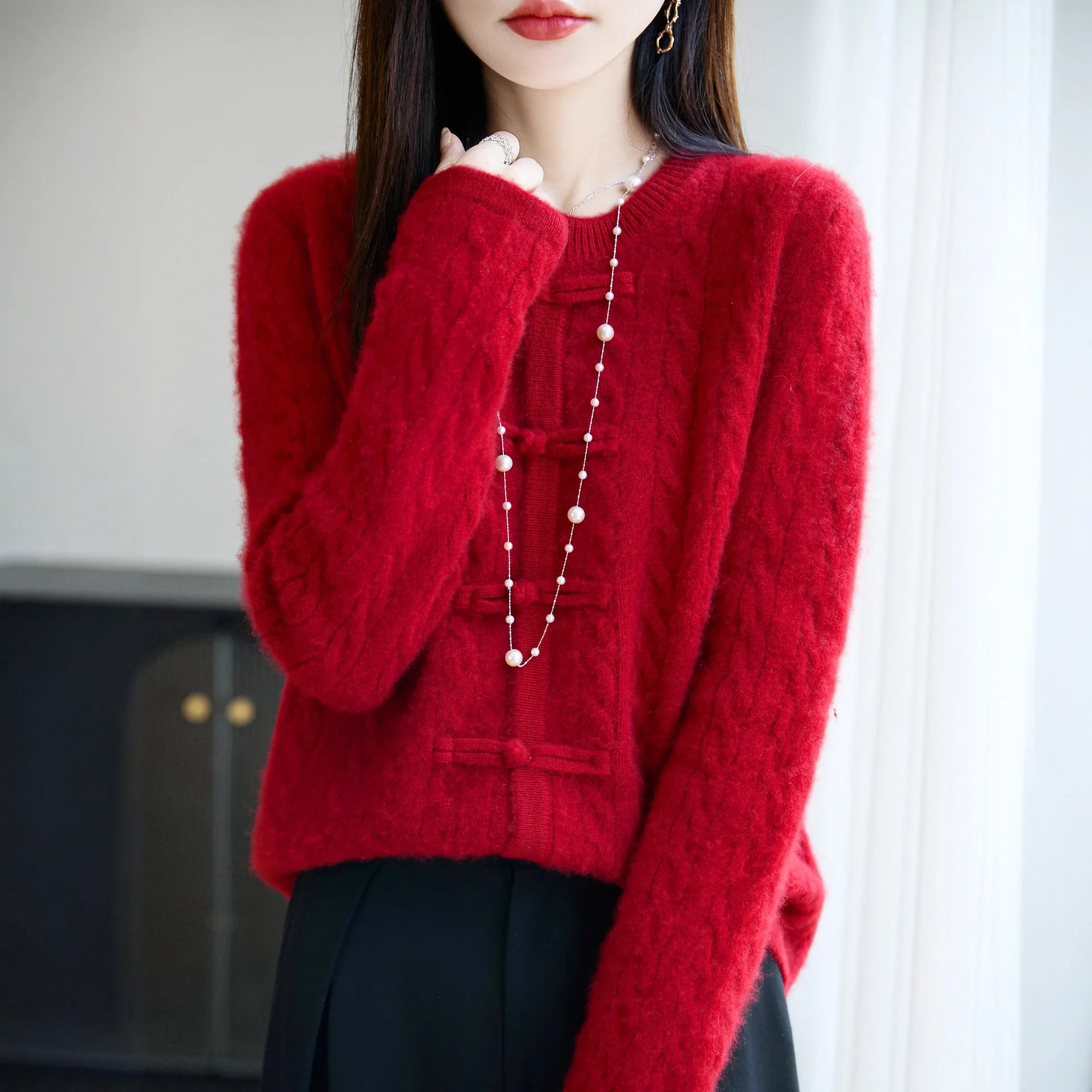 여성용 가디건 100% 울 긴 소매 O넥 아우터웨어 두꺼운 따뜻한 니트 스웨터 싱글 브레스티드 한국 패션 루즈 가디건