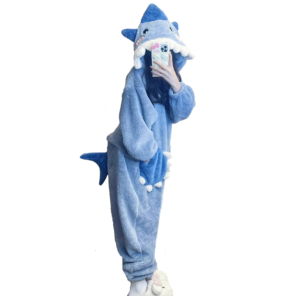 Blue Shark One-piece Pajamas Anime Cartoon Cosplay Costumes Winter Coral Fleece Warm Hooded Nightgown Full Zipper Thick Onesies