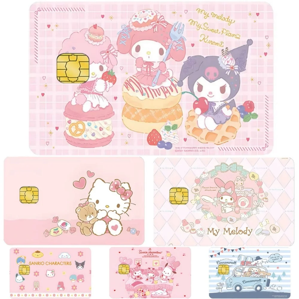 5/10 pçs sanrio cartão aleatório adesivo anime olá kitty cartão de crédito cartão de banco fosco antiderrapante película protetora pele pequeno chip
