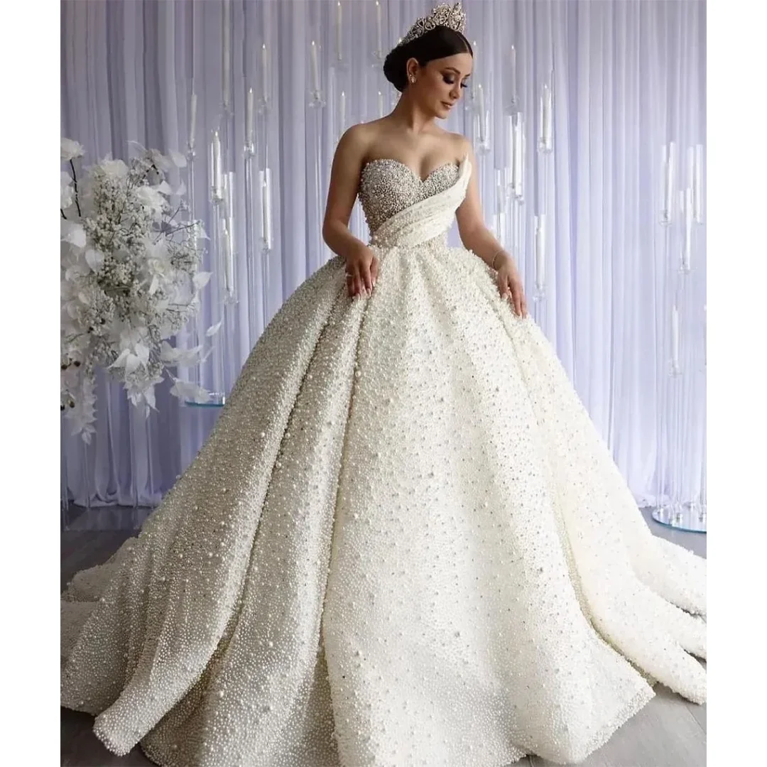 럭셔리 진주 신부 볼 드레스 스위트하트 A라인 프린세스 신부 드레스 플리츠 우아한 신부 정장 웨딩 드레스 맞춤 제작