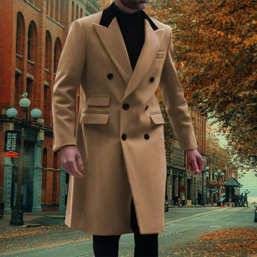 

Men's cashmere coat Windbreaker style men's wool long coat Double row slim fit classic camel colored coat