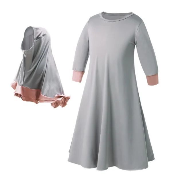 Vestido de oração muçulmana para crianças, hijab, abaya, conjuntos de ramadã, árabe, jilbab, lenço, manto longo, islâmico, meninas, 2 peças