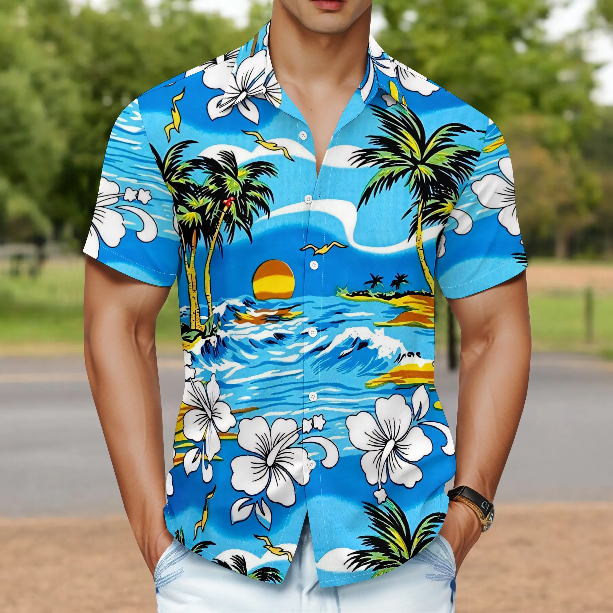 

YEAE Men's Blue Tropical Printed Shirt 100% Cotton Short Sleeve Casual Beach Spring Modern Fit