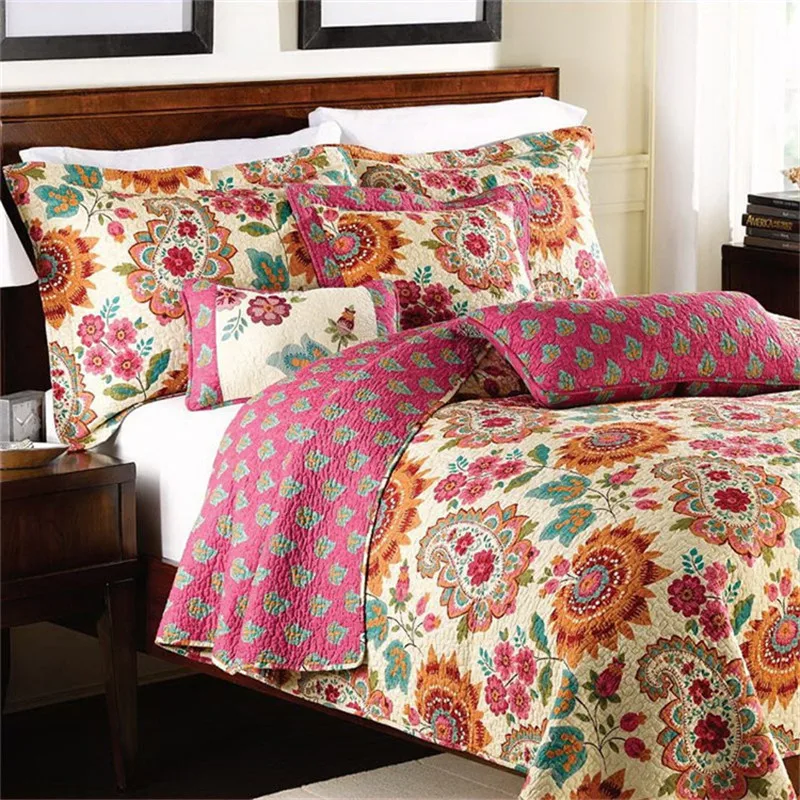 Cotton Quilted Bedspread on the Bed with Shams, Retro Floral Summer Quilt Blanket, Bedroom Coverlet, Cubrecam Bed Cover Colcha