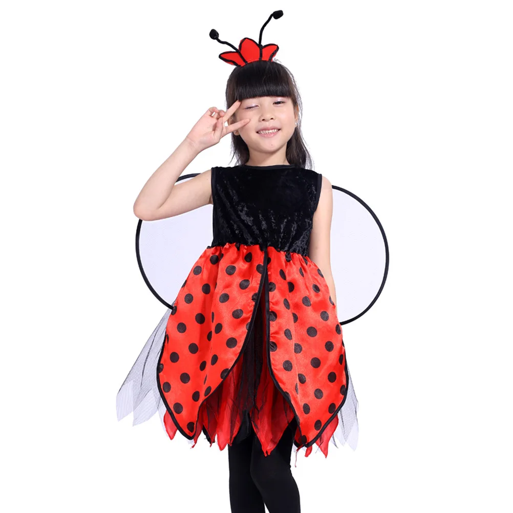 2 個女の子てんとう虫コスチュームセットドレス羽ヘッドバンド軽量ハロウィンクリスマス誕生日パーティー遊びてんとう虫の羽