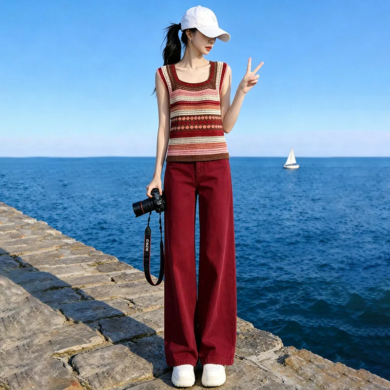 nouveau-style-gilet-court-en-maille-streetwear-pour-fille-audacieuse-jean-rouge-pantalon-droit-vintage-d'ete-pantalon-a-jambes-larges-haut-polyvalent