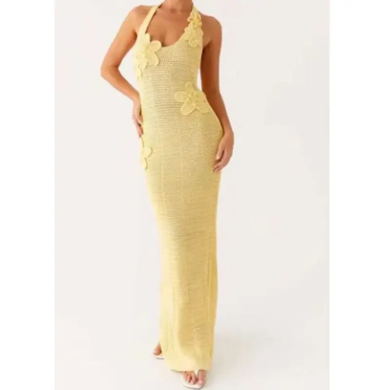 Combhasaki Women Lace-up Halter Round Neck Sleeveless 3D Flower Decor Knit Hollow Out Bodycon Backless Straight Tank Long Dress