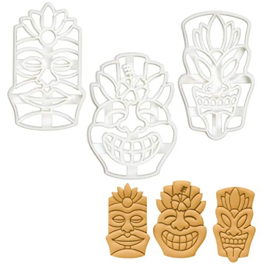 

t of 3 Tiki Mask cookie cutters Designs: Calm Warrior and appy 3 pieces -