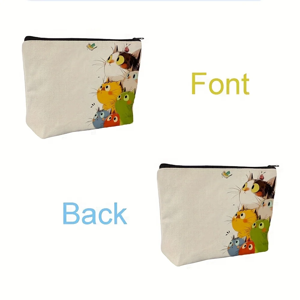 1pc Whimsical Cartoon Cat Makeup Pouch | Polyester Cosmetic Bag with Colorful Cat Illustrations, Perfect Gift for Cat Lovers