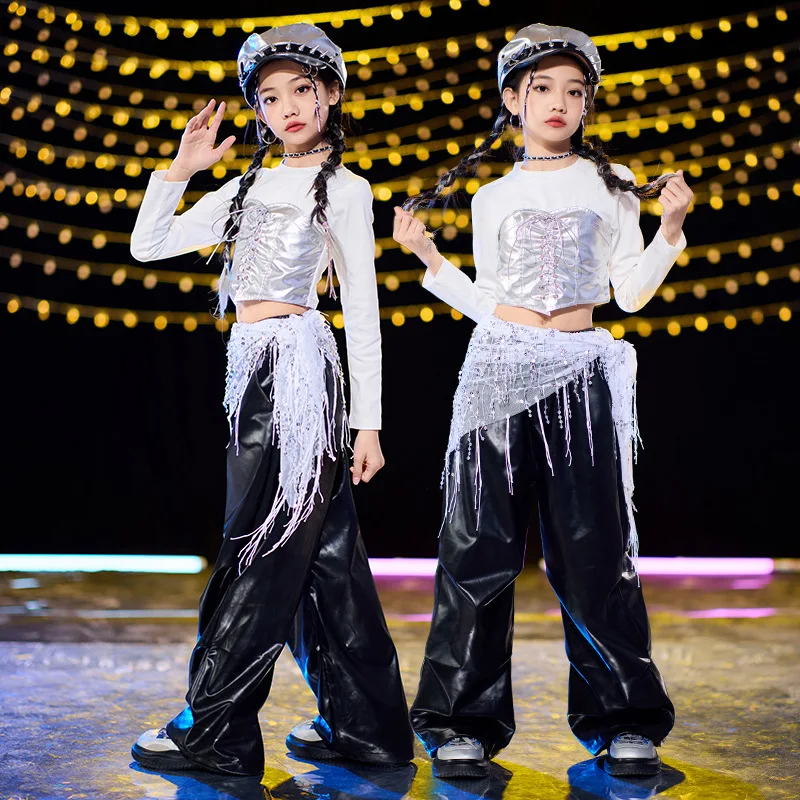 

Детская одежда для танцев в стиле хип-хоп, джаз, топы с длинными рукавами для девочек, белые брюки, костюмы для выступлений K-pop групп, уличная одежда