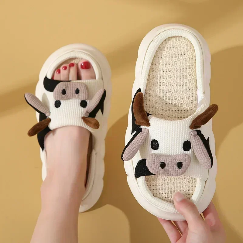 Four Seasons Universal Indoor Home Cotton Linen Sandals Cute Cartoon Cow Linen Slippers Non-slip