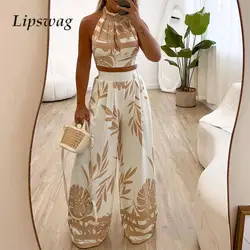 Sexy Halter Backless Vest and Long Pants 2 Piece Set Summer Vacation Beach Ladies Set Casual Loose High Waist Wide Leg Pants Set