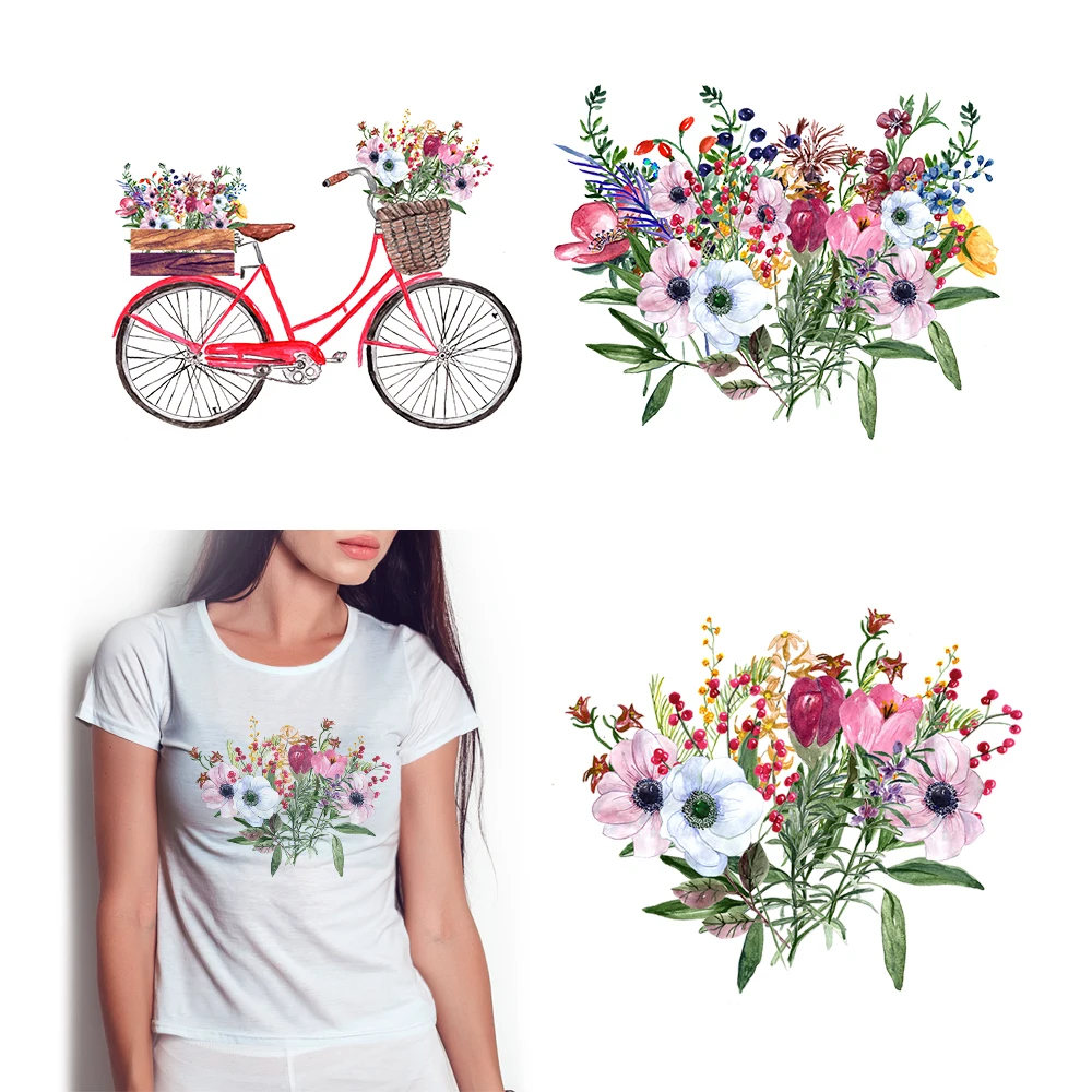 Watercolor Anemone Tulip Plant Flower Bicycle Dtf Transfer Iron on Transfers for T Shirts Dtf Transfers Ready to Press Patch DIY