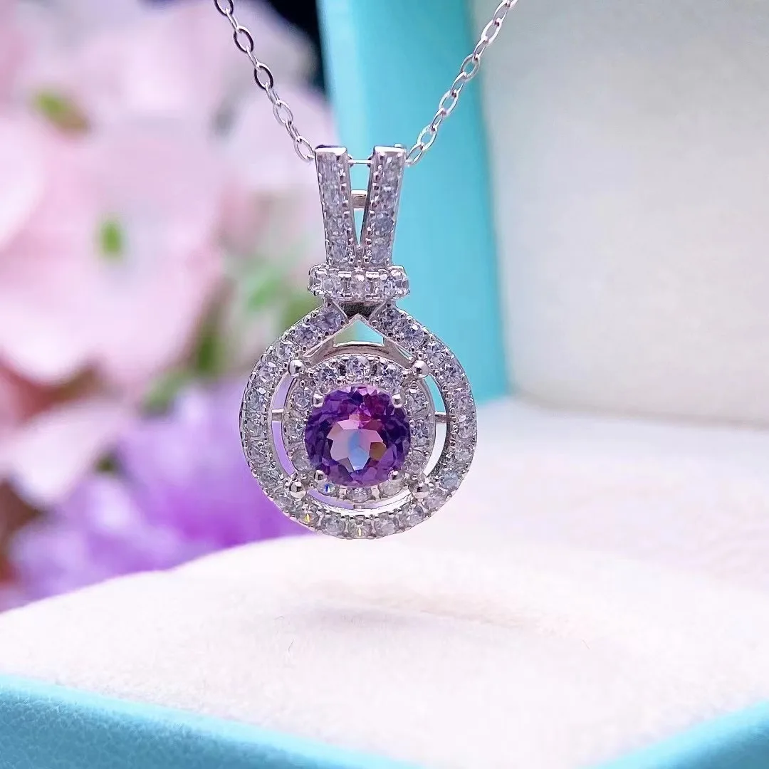 

Natural Amethyst Pendant - 5mm Main Stone, Transparent Crystal with Brilliant Fire Colors, 925 Silver Setting - Fine Jewelry