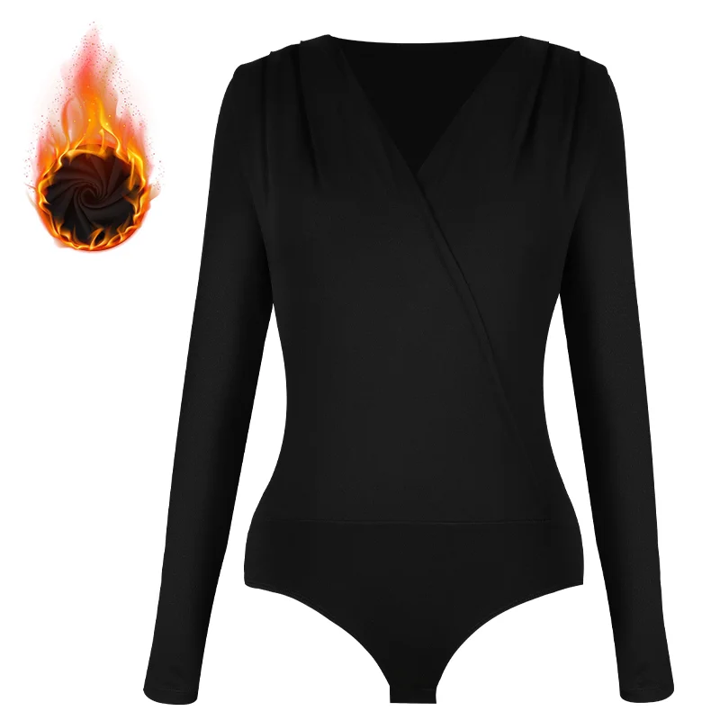 Women Solid Deep V-Neck Bodysuit Long Sleeve Ribbed Shapewear Thong Body Shaper Sexy Slim Fit Jumpsuit