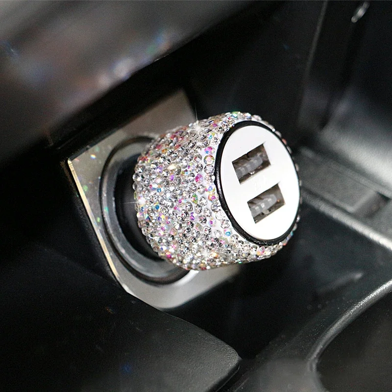 Bling Car Charger 5V 2.1A USB Dual Port Fast Adapter Decor Rhinestone Diamond Car Accessories Interior for Women