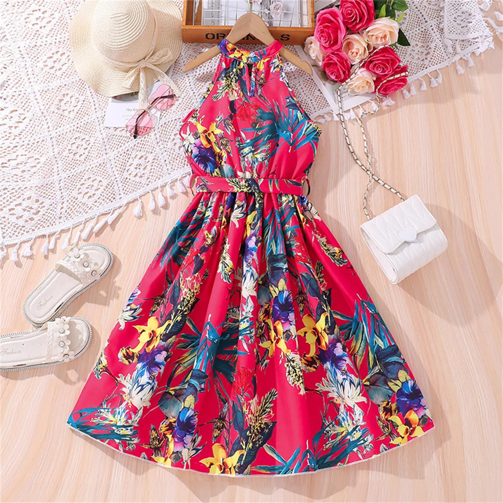 2025 Summer New Arrival Girls Sleeveless Halter Print Floral Rose Red Cute Party Princess Dress Custume 8-12T Children Clothes