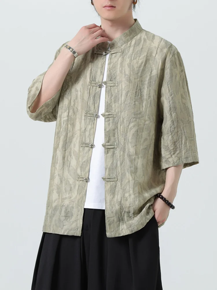 

Ice Silk Men's irt Thin Five-Sve Summer New Chinese Sle National Faion Improved Hanfu Loose Fit Breathable Printed