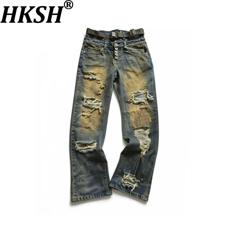 HKSH Spring Autumn Winter New Men Tide Chic Ins Dark Punk Retro Denim Pants Fashion Y2K Jeans Double Waist Light Luxury HK28460