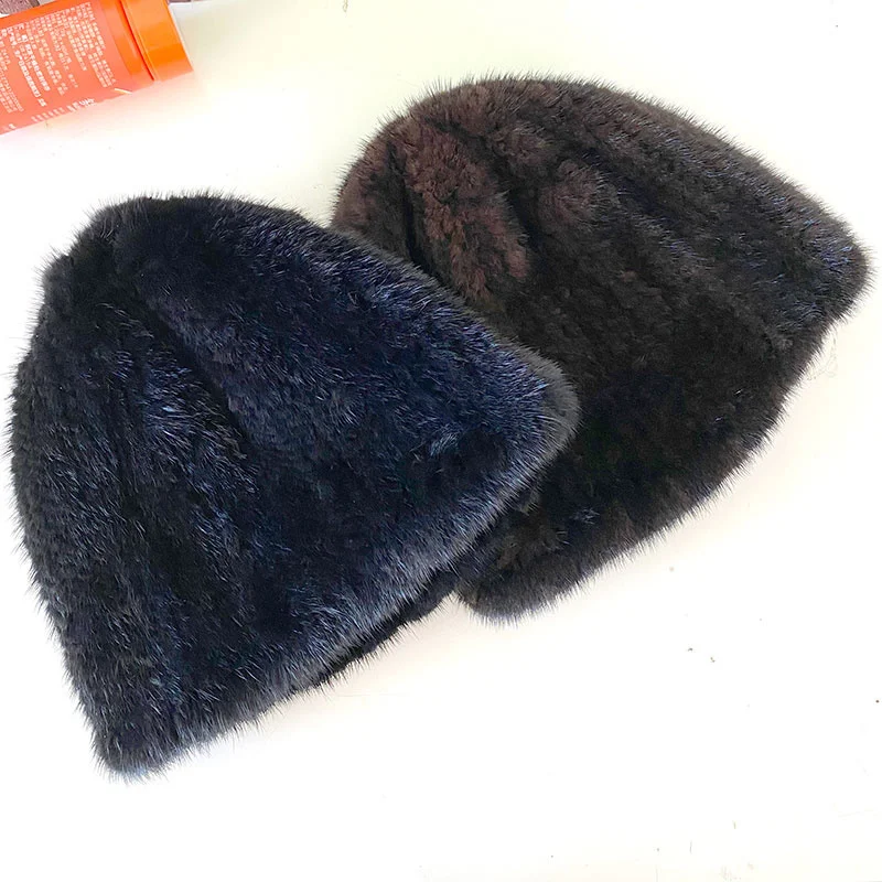 Real Mink Fur Hat For Women Winter Natural Fur Handmade Knitted Caps Fashion Thickened Fur Caps Luxury Female Black Fur Caps