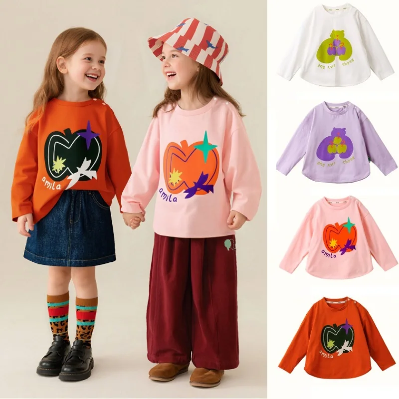 

Children's T-shirt 2025 Autumn New Pink Printed Korean Version Boy And Girl Base Shirt Pure Cotton Cute Top Children's Clothing