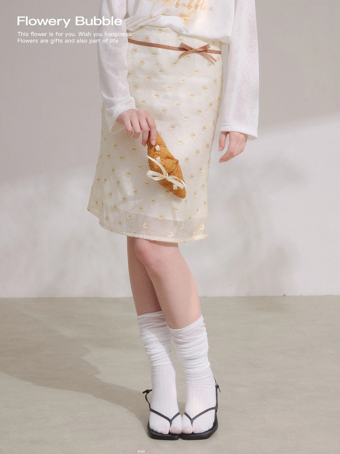 

Flowery Bubble Contrast Color Embroidery Thin Veil A-Line Fi Tail f Skirt Skin-friendly Breathable with mid Waist
